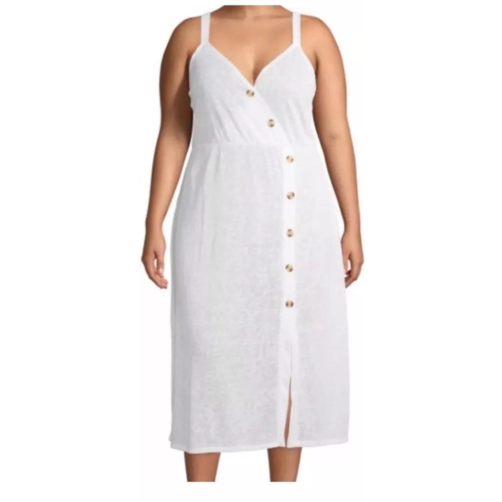 Time and Tru Womens White Button Front Faux Wrap Midi Coverup M 8-10 Beach Swim